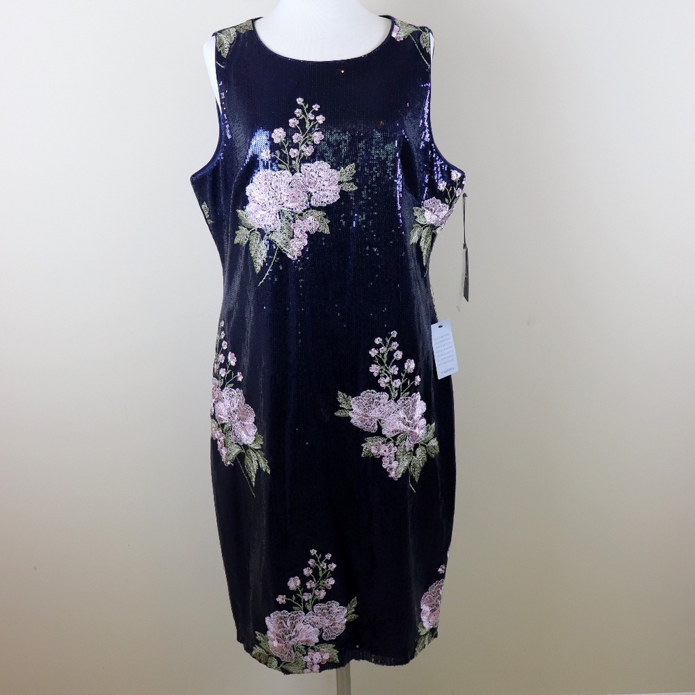 Vince Camuto Navy Floral Embroidered Sequins Sz 16 - Picture 1 of 8